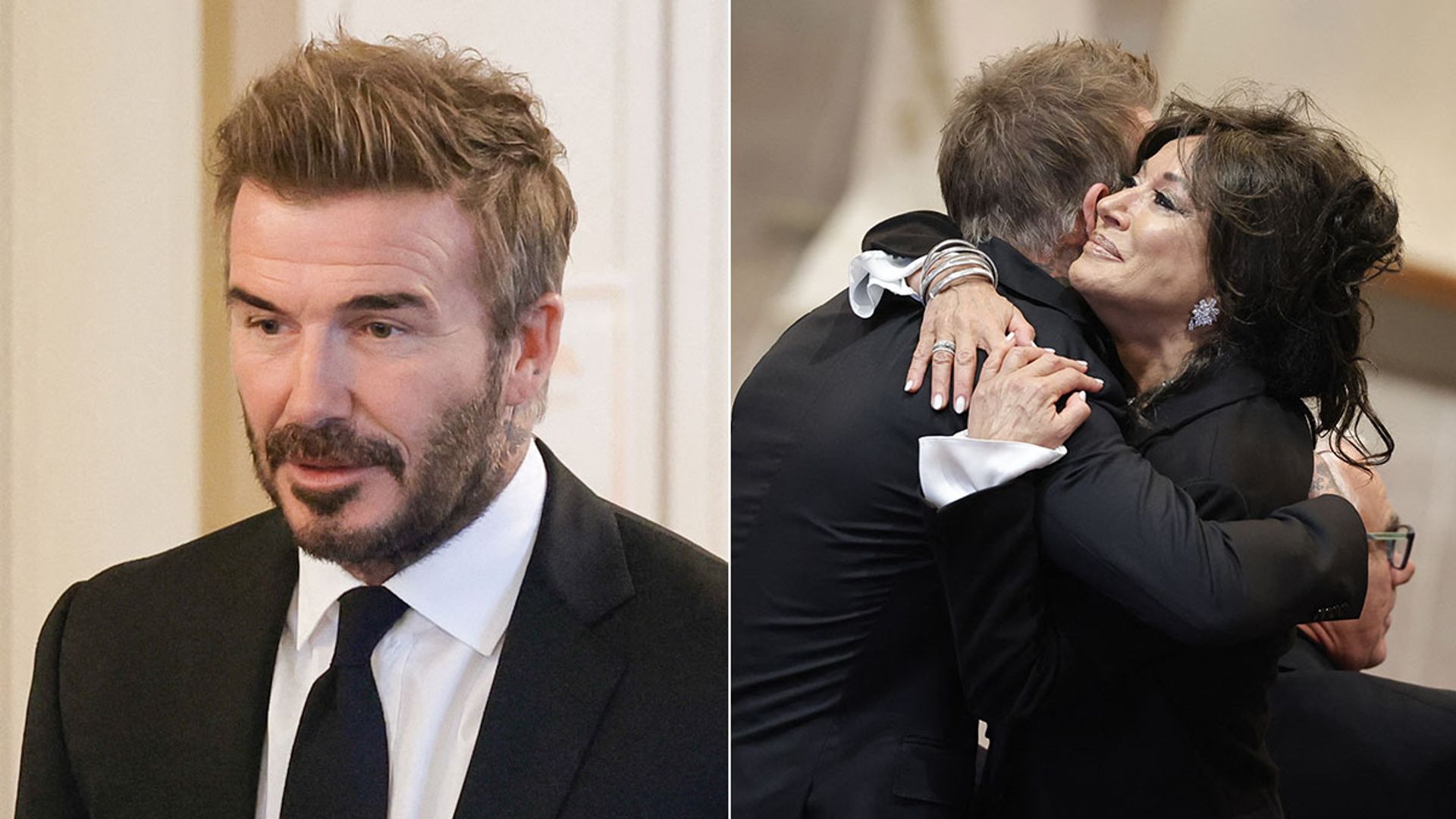 David Beckham embraces Nancy Dell’Olio as he travels to Sweden for manager Sven-Goran Eriksson’s funeral