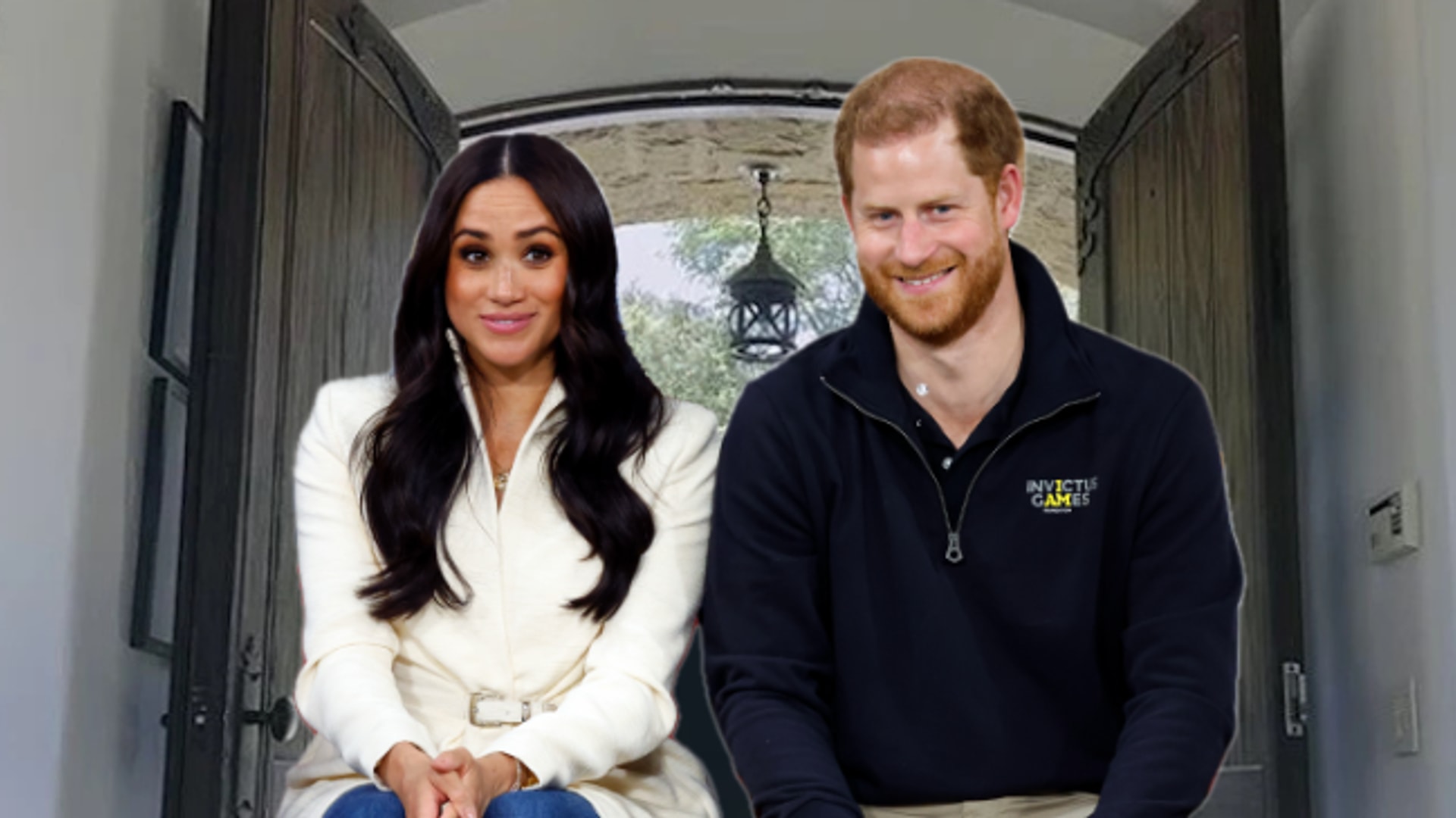 harry and megan in front of double doors