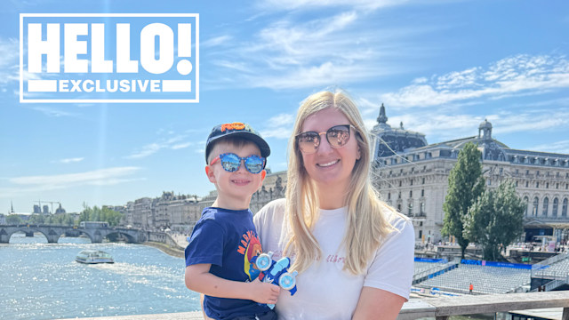 Rebecca Adlington with son Albie on a bridge in Paris