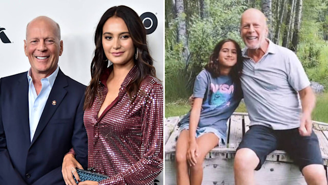Split image of Bruce Willis with Emma Heming, and Bruce with their daughter Mabel Ray