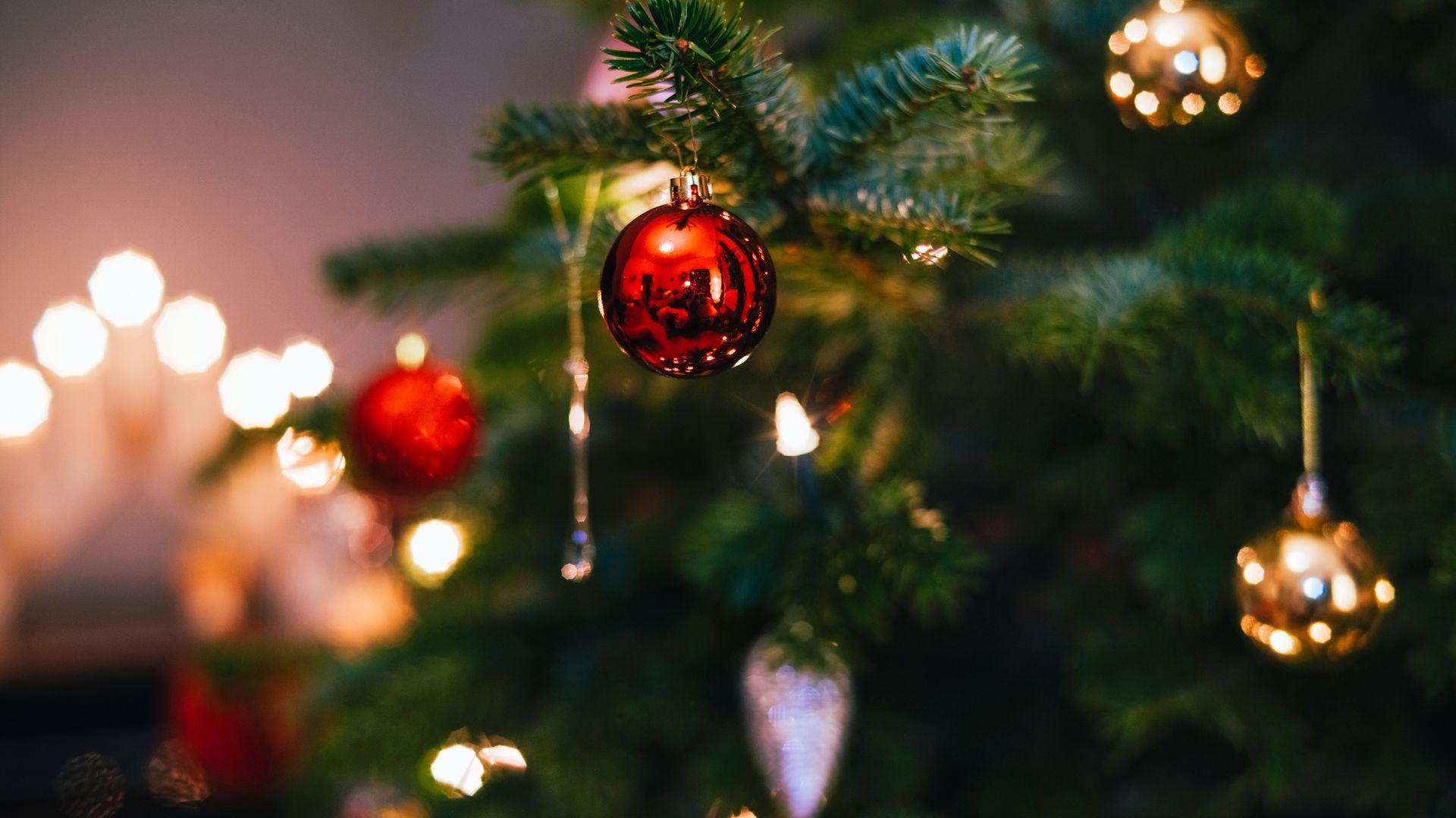 Christmas tree fully decorated, close-up.