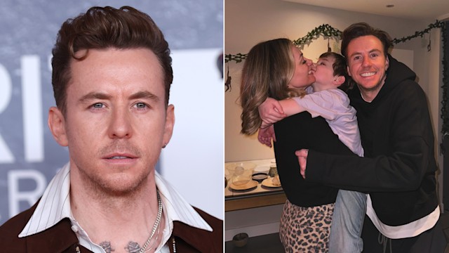 Split image showing Danny Jones at the BRITs on the left, and with his wife Georgia and son Cooper hugging on the right
