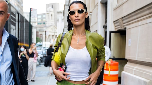 bella hadid green trousers