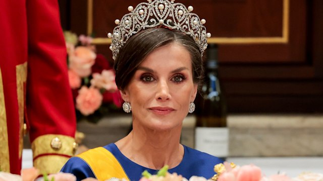 Queen Letizia in a pearl tiara and blue dress