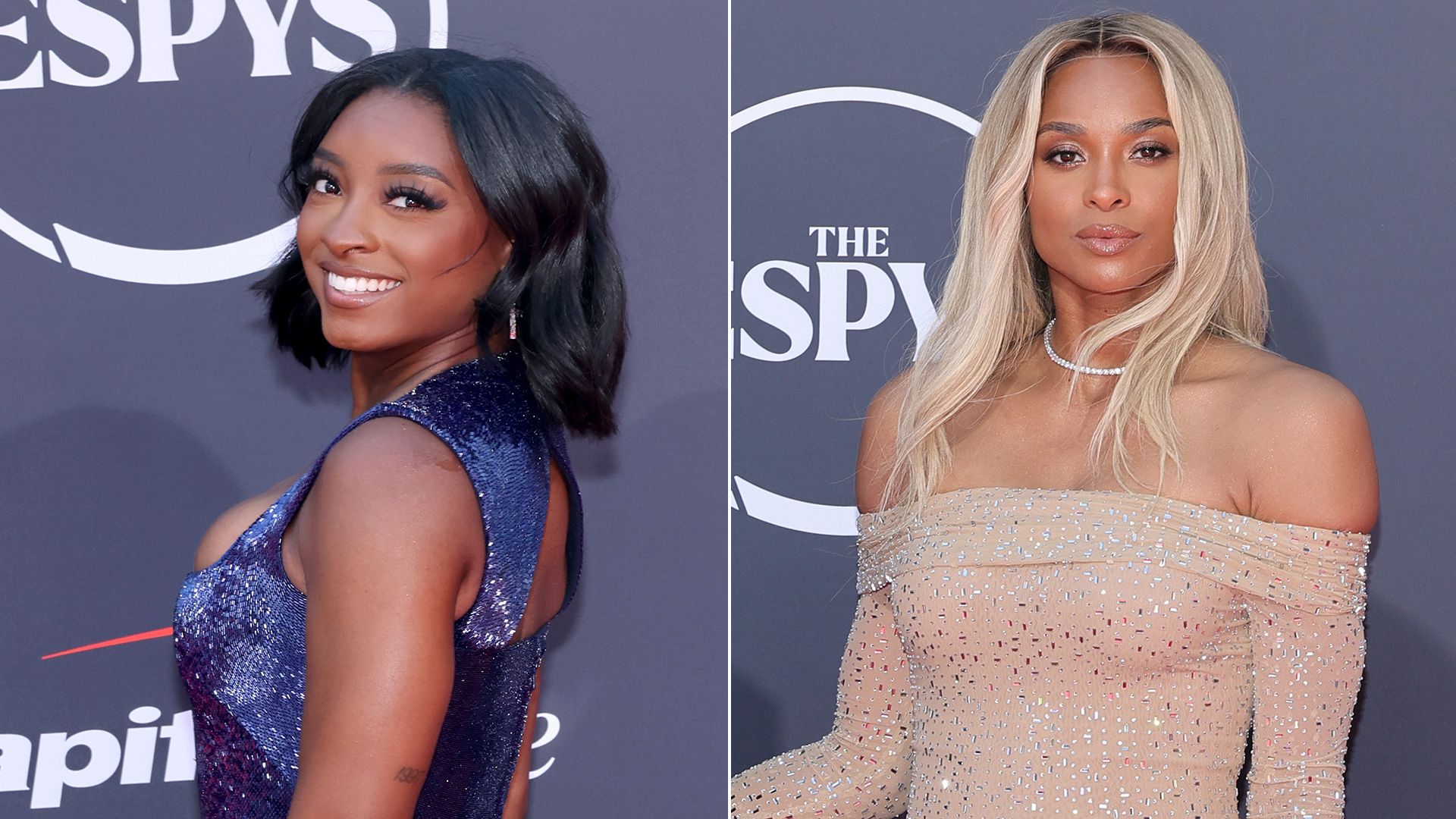 split image of simone biles and ciara at 2025 espys
