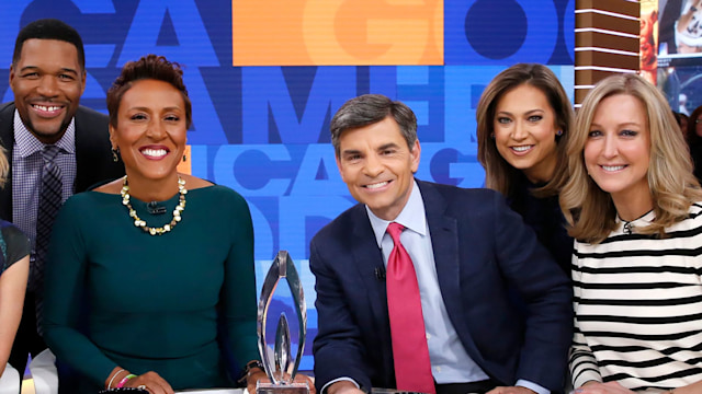 Good Morning America cast Michael Strahan, George Stephanopoulos, Lara Spence, Ginger Zee, Robin Roberts