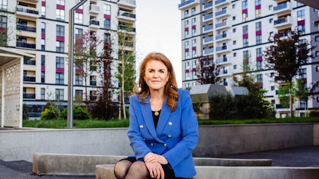 Sarah Ferguson, Duchess of York posing during visit to Jewish charity Tikva orphanage in Bucharest