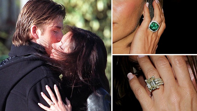 Victoria Beckham wearing diamond and emerald engagement rings