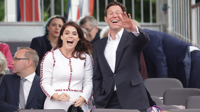 Eugenie and Jack smiling and waving at Platinum Jubilee