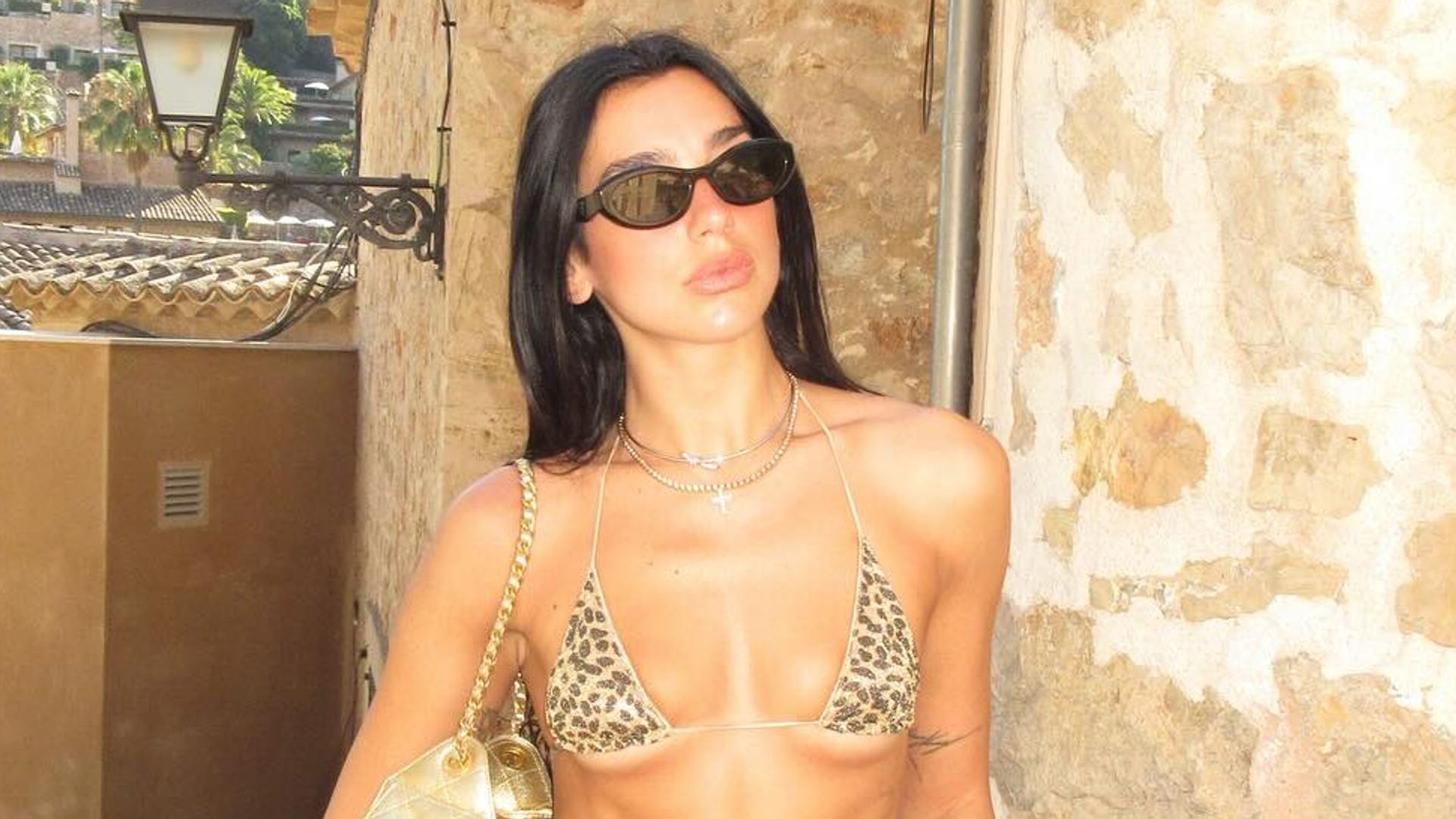 Dua Lipa poses in a leopard print bikini and jorts