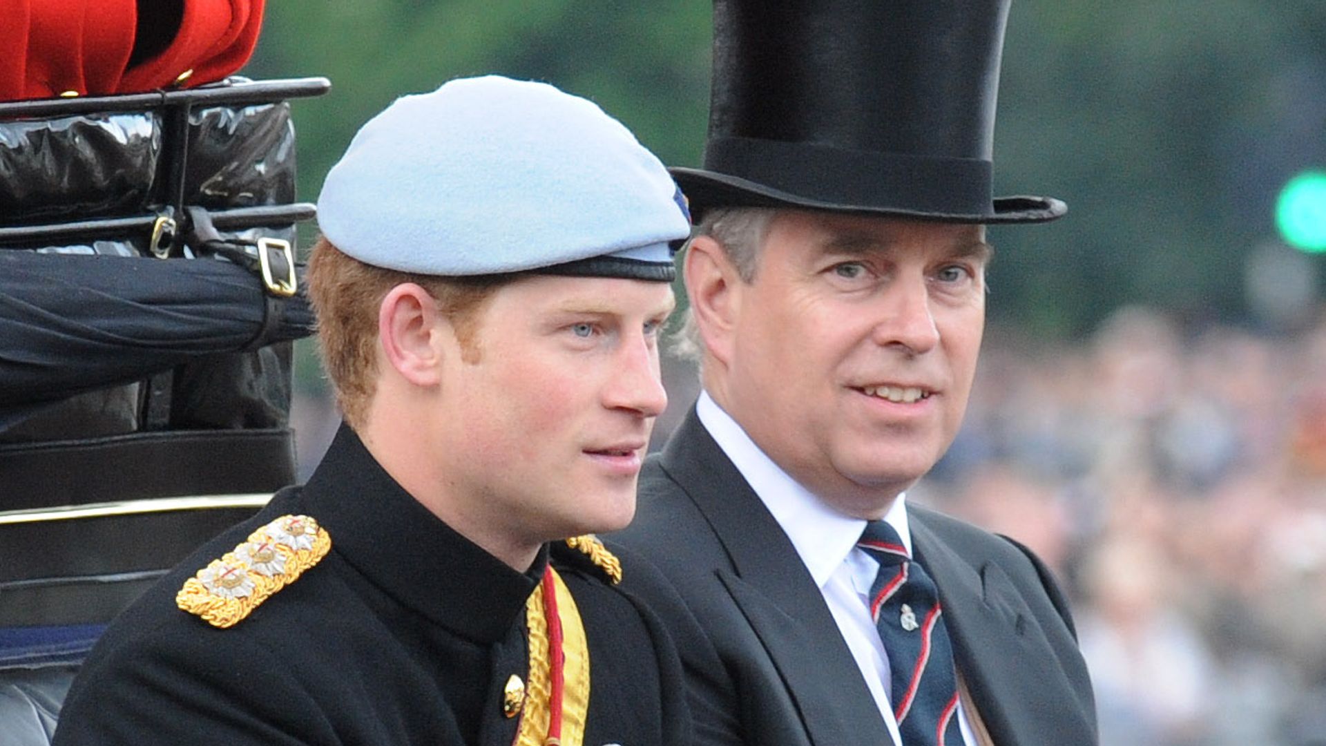 Prince Harry, Prince Andrew, Duke of York leave Buckingham Palace in an open carriage to attend the Trooping The Colour in 2011