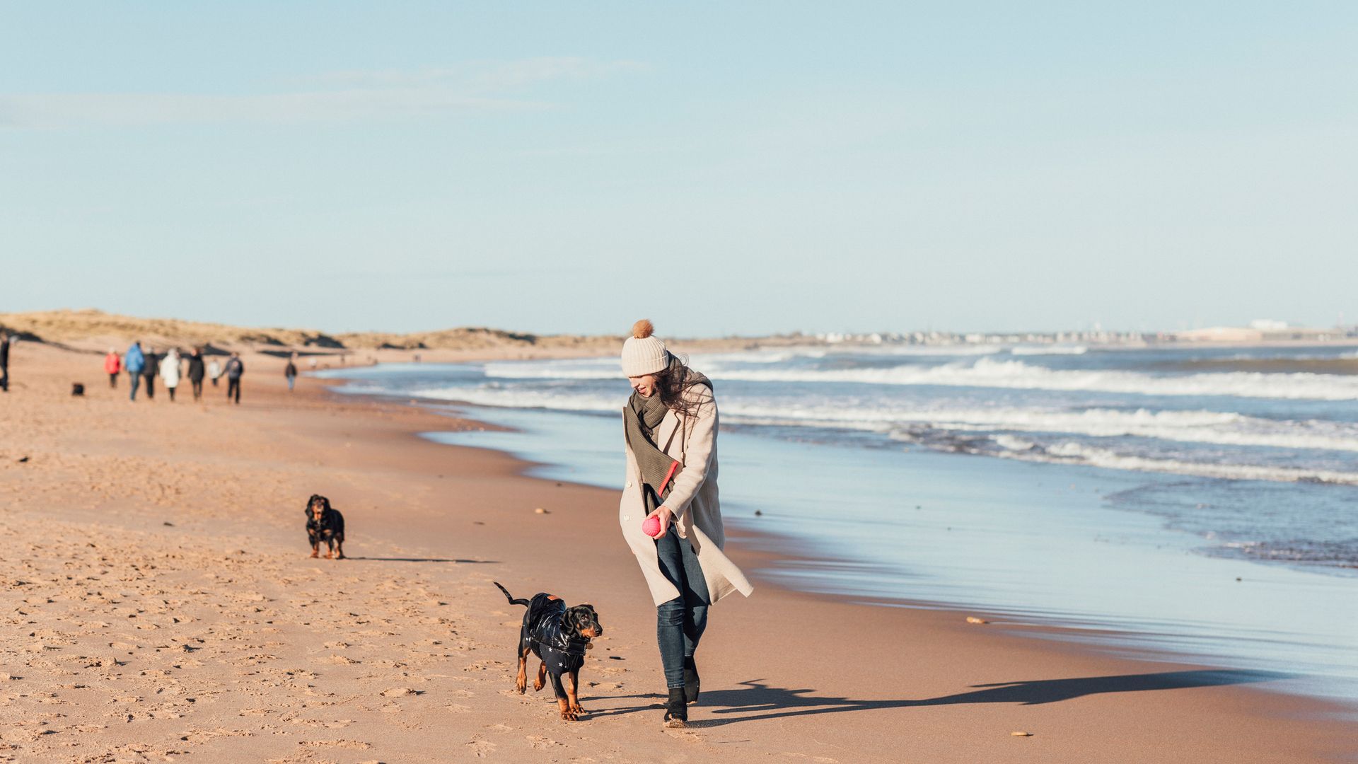 Woman walking her pet doberman puppy at the beach