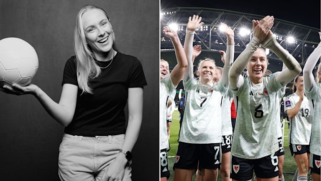 black and white photo of josie holding ball beside photo of wales team clapping