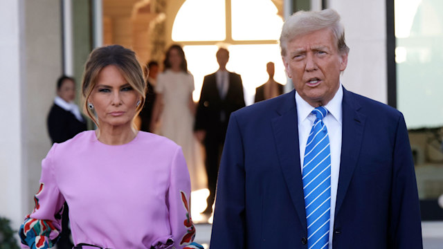 Republican presidential candidate, former US President Donald Trump, arrives at the home of billionaire investor John Paulson, with former first lady Melania Trump, on April 6, 2024 in Palm Beach, Florida. Donald Trump's campaign is expecting to raise more than 40 million dollars when major donors gather for his biggest fundraiser yet. The event is billed as the "Inaugural Leadership Dinner".