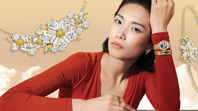 Model wearing Thomas Sabo Blooming Skies collection surrounded by jewellery pieces