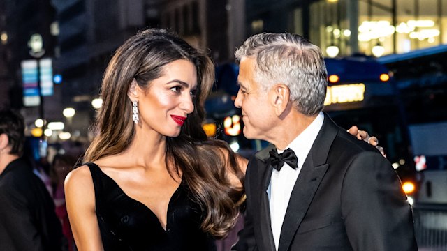 Amal Clooney and George Clooney are seen arriving to the Clooney Foundation for Justice's The Albies at New York Public Library