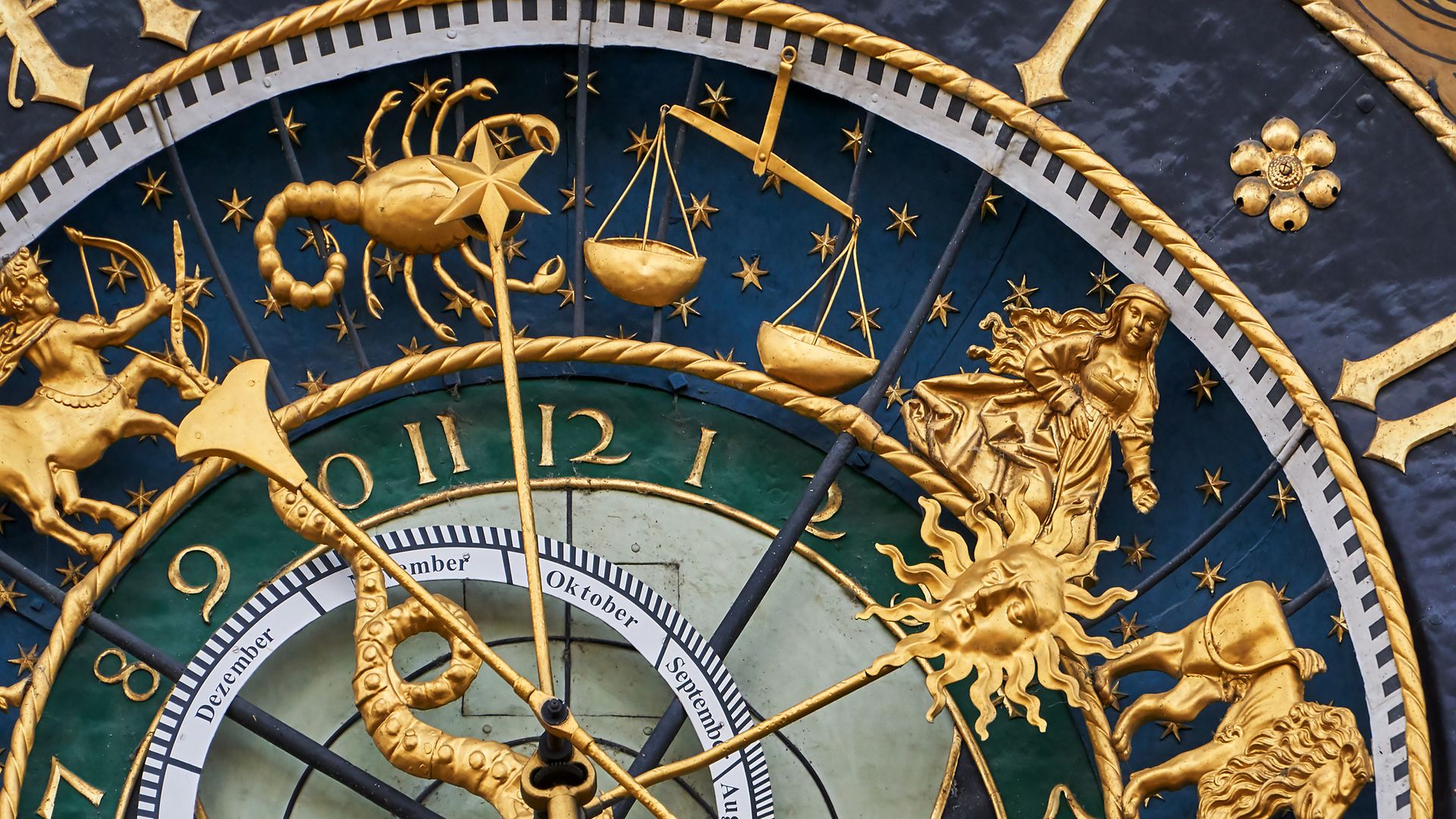 Ulm, Germany - August 28, 2021: Close-up of the astronomical clock at the old town hall in Ulm.