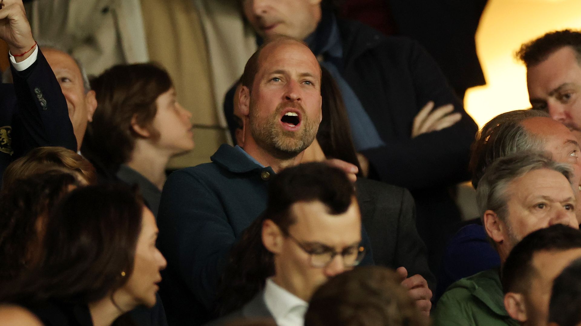 Prince William, Prince of Wales reacts from the stands during the UEFA Champions League 2024/25 Quarter Final First Leg match between Paris Saint-Germain and Aston Villa FC at Parc des Princes on April 09, 2025 in Paris, France
