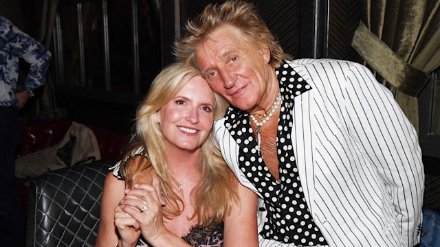 LAS VEGAS, NEVADA - AUGUST 03: Penny Lancaster Stewart and Sir Rod Stewart celebrate the 1 Year anniversary of Wolfie's Whisky at The Barbershop Cuts & Cocktails Las Vegas on August 03, 2024 in Las Vegas, Nevada. (Photo by Denise Truscello/Getty Images for Wolfie's Whisky/The Barbershop Las Vegas)