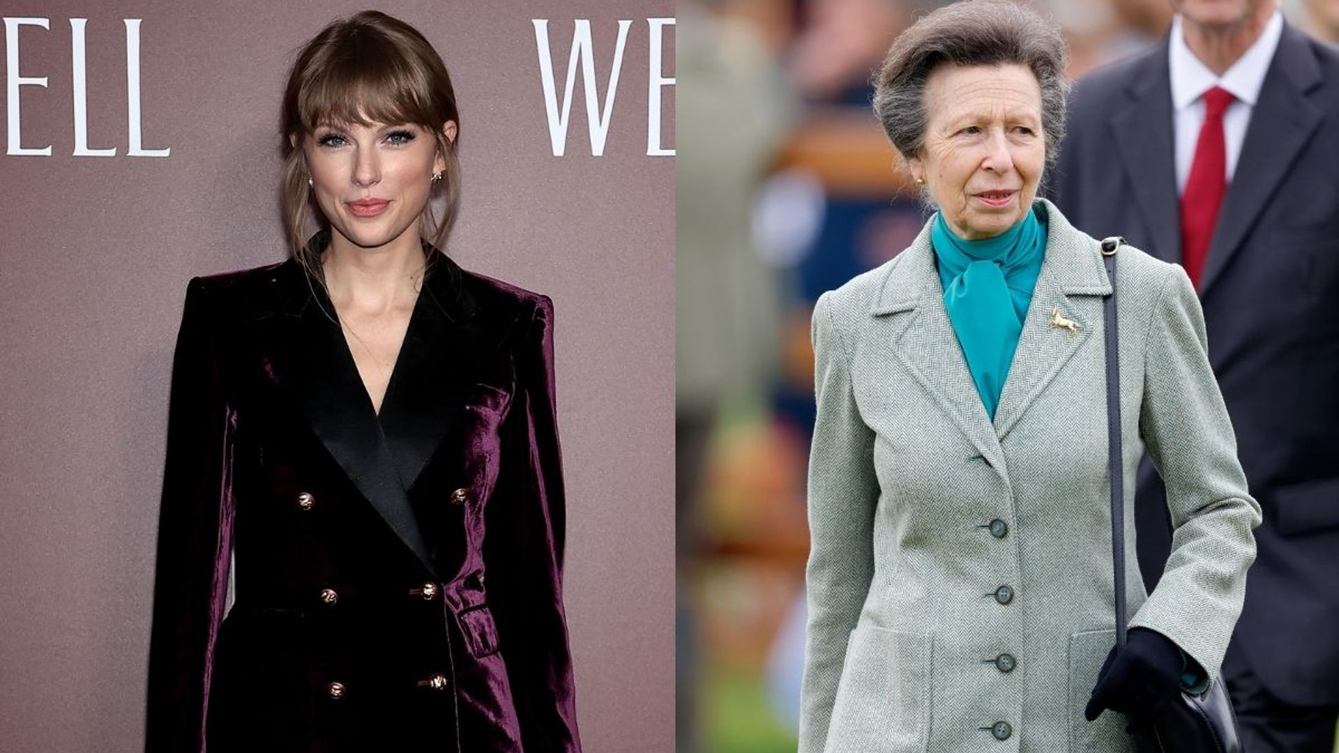 split screen of princess anne and taylor swift wearing blazers