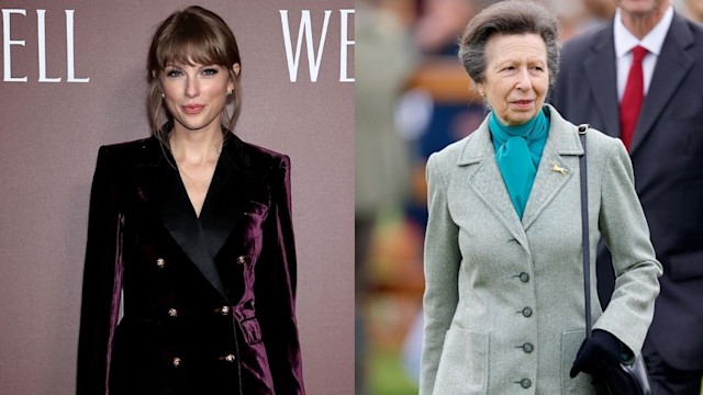 split screen of princess anne and taylor swift wearing blazers