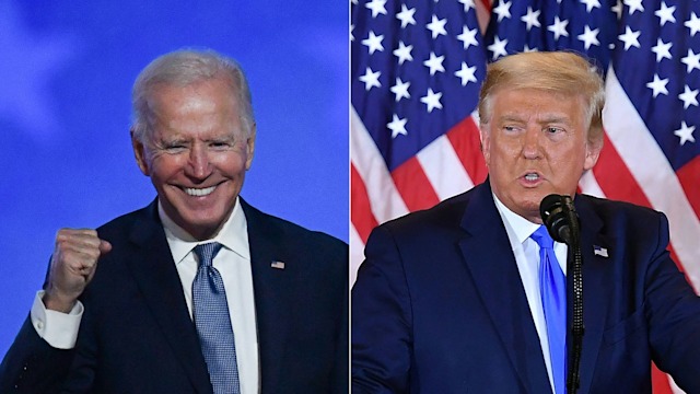 Combination of pictures created on November 4, 2020 shows Democratic presidential nominee Joe Biden gestures after speaking during election night at the Chase Center in Wilmington, Delaware, and US President Donald Trump speaks during election night in the East Room of the White House in Washington, DC, early on November 4, 2020. President Donald Trump and Democratic challenger Joe Biden are battling it out for the White House, with polls closed across the United States Tuesday -- and a long night of waiting for results in key battlegrounds on the cards