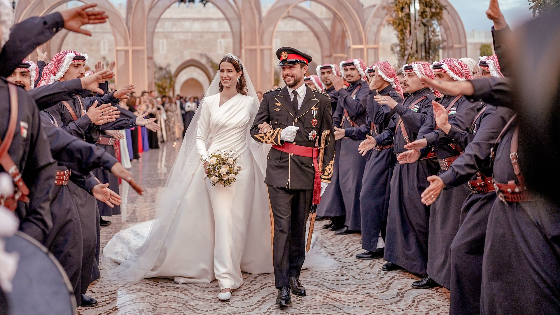 Jordan Crown Prince Al Hussein and Princess Rajwa Al Hussein depart Zahran palace during their wedding 