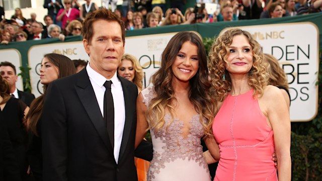 Kevin Bacon, daughter Sosie Bacon, and actress Kyra Sedgwick arrive to the 71st Annual Golden Globe Awards held at the Beverly Hilton Hotel on January 12, 2014