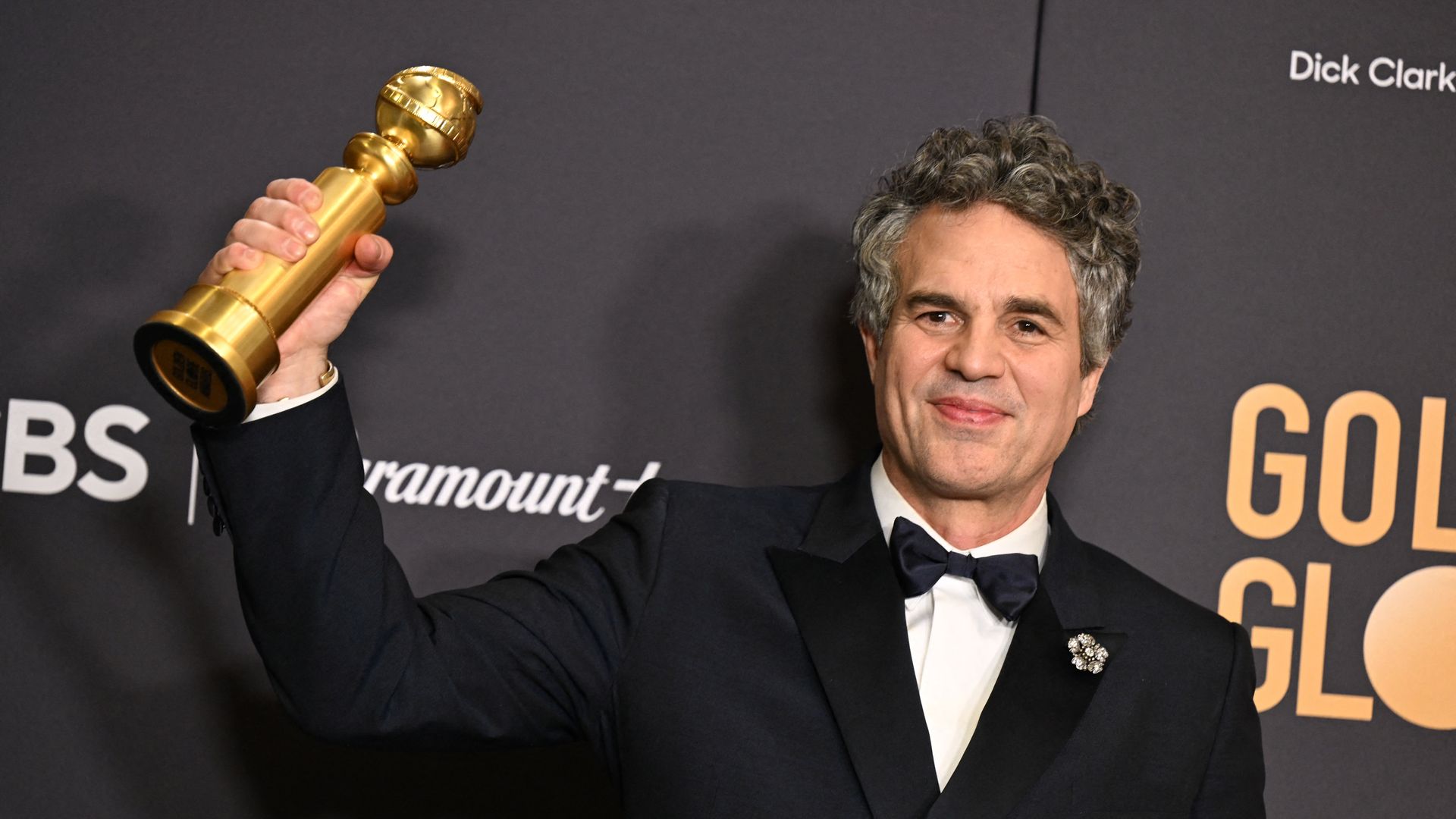 US actor Mark Ruffalo holds the award for Best Motion Picture - Musical or Comedy - "Poor Things" in the press room during the 81st annual Golden Globe Awards at The Beverly Hilton hotel in Beverly Hills, California, on January 7, 2024.