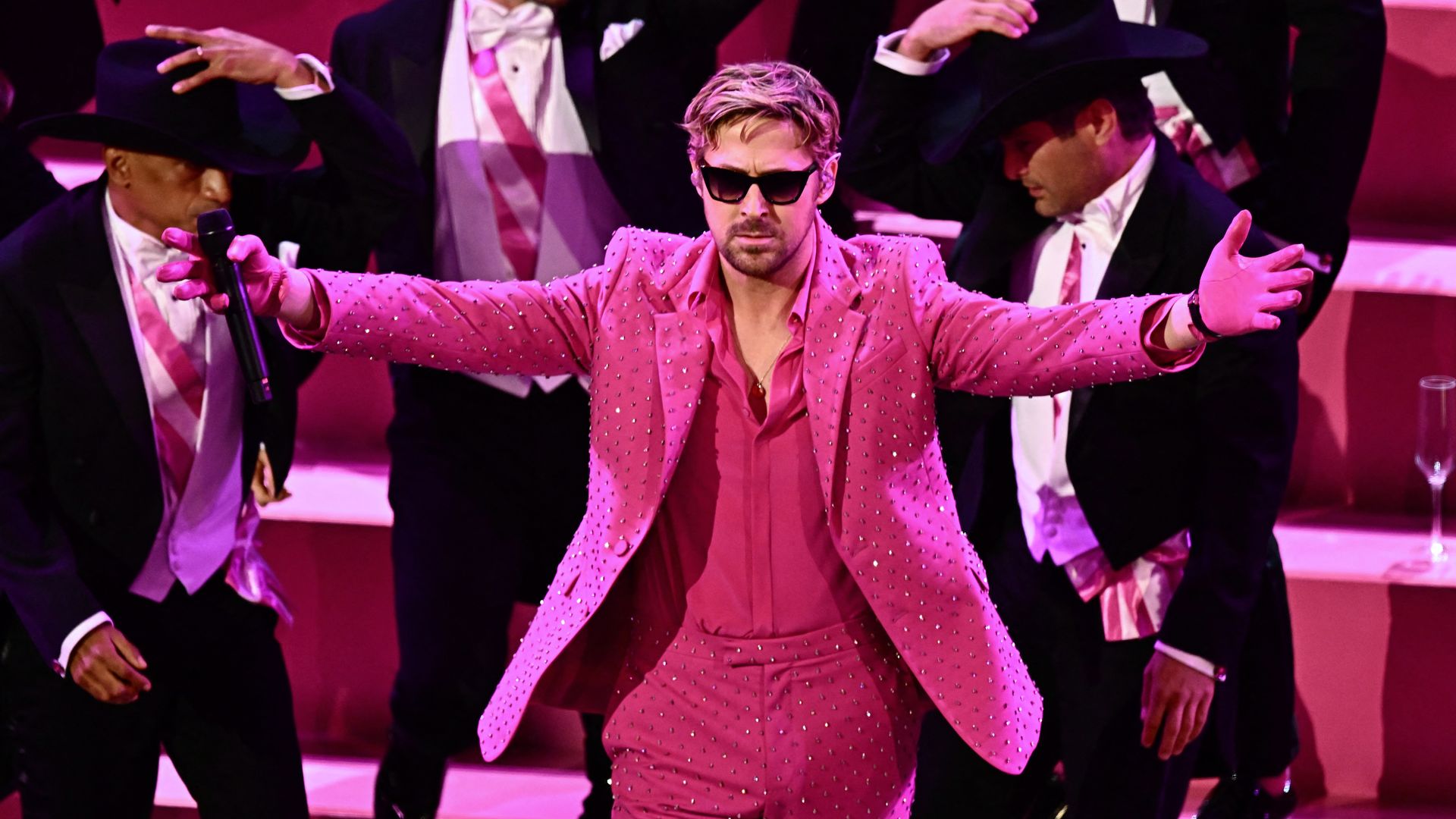 Canadian actor Ryan Gosling performs "I'm Just Ken" from "Barbie" onstage during the 96th Annual Academy Awards at the Dolby Theatre in Hollywood, California on March 10, 2024.