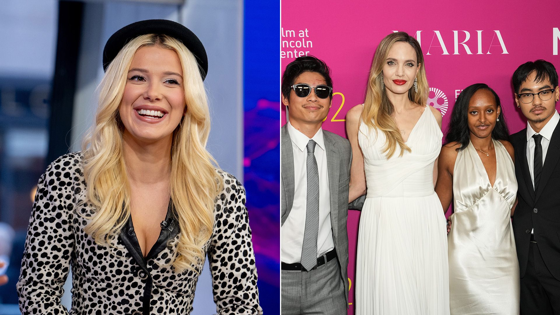 split photo of millie bobby brown and angelina jolie with her three adopted kids