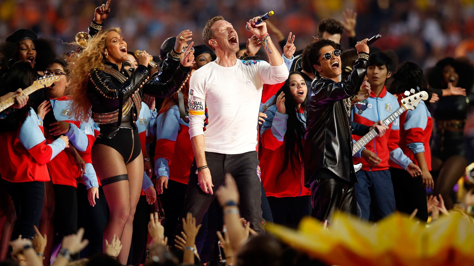 Beyonce, Chris Martin of Coldplay, and Bruno Mars perform during the Pepsi Super Bowl 50 Halftime Show at Levi's Stadium on February 7, 2016 in Santa Clara, California