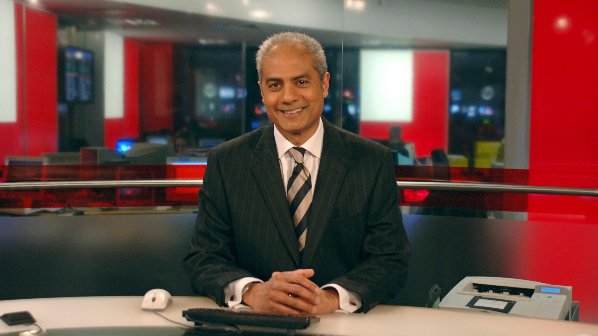 Newsreader George Alagiah on the set of BBC World News