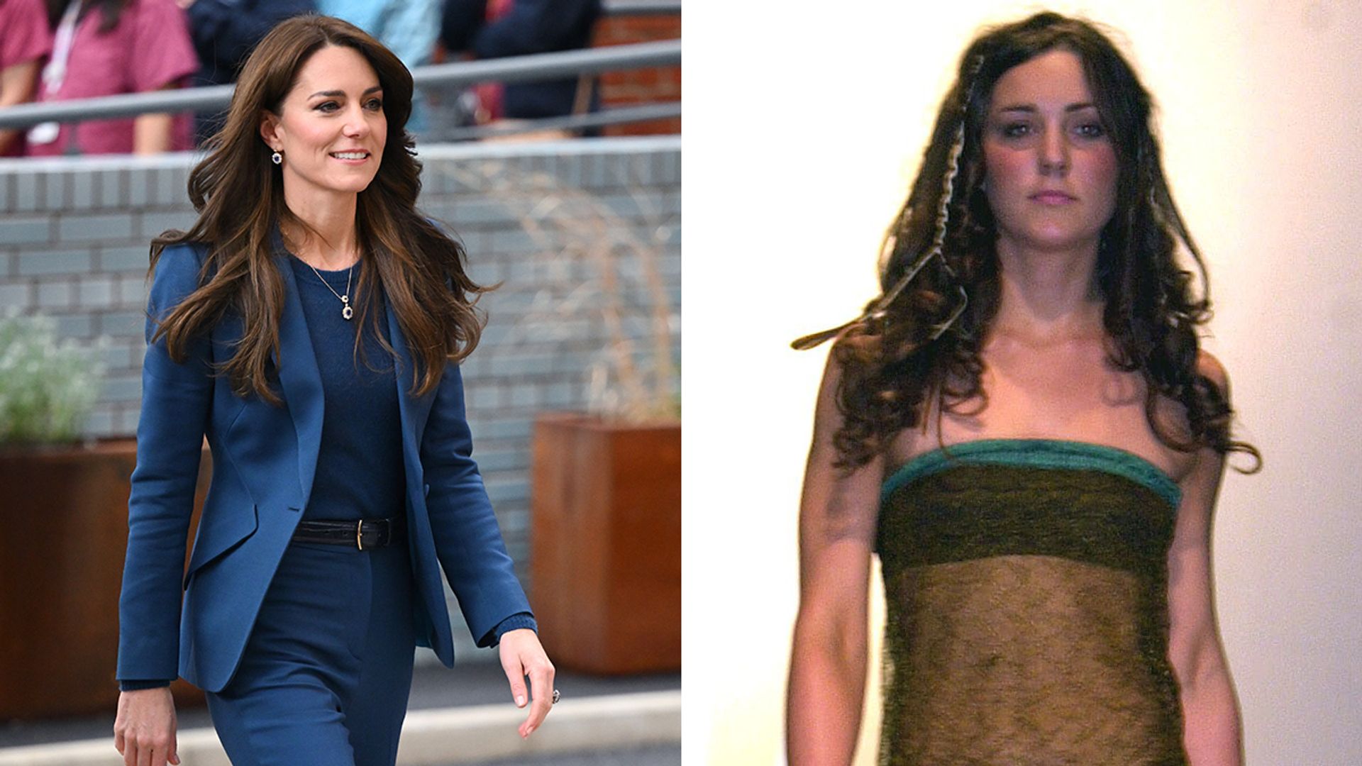 Split image of Kate Middleton in a suit and her in the sheer dress and bikini