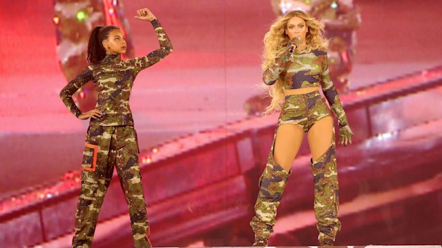 Blue Ive Carter and Beyonce perform onstage during the "RENAISSANCE WORLD TOUR" at Mercedes-Benz Stadium on August 11, 2023 in Atlanta, Georgia