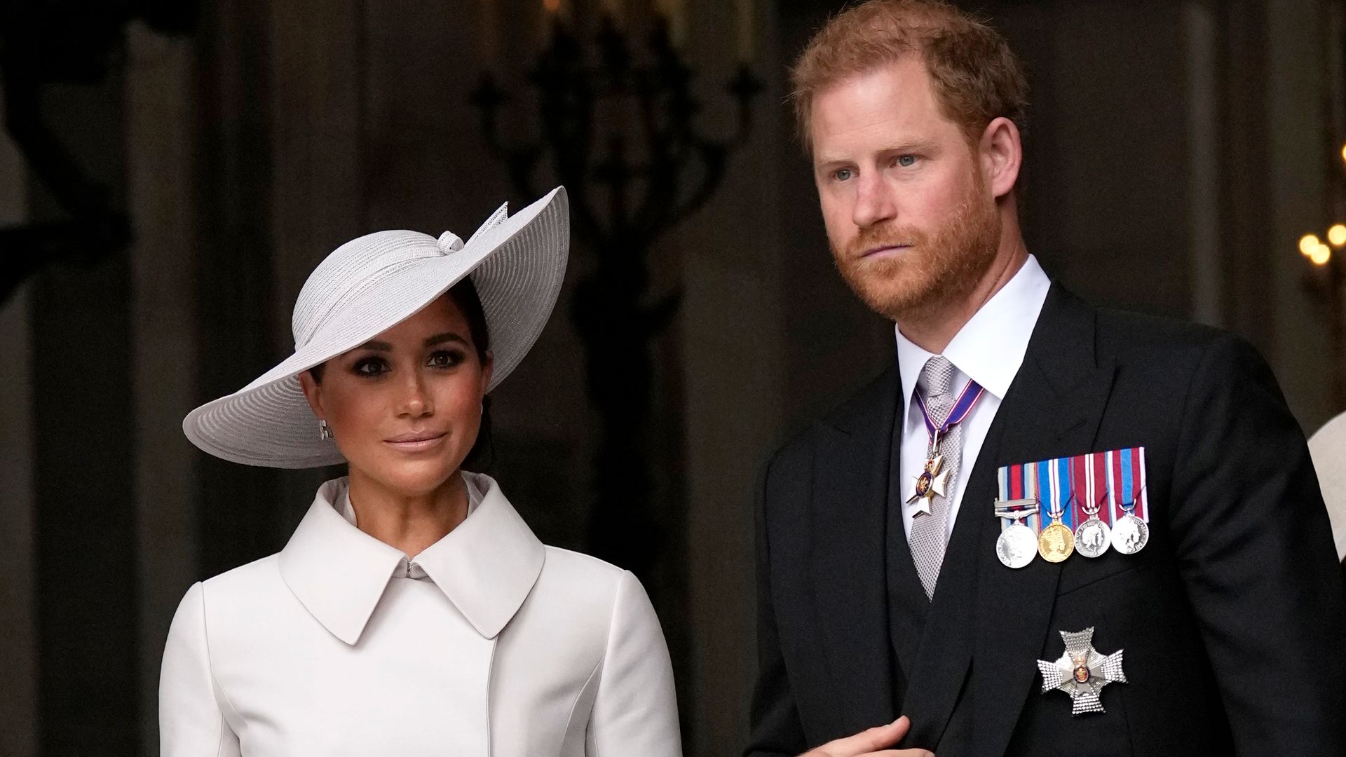 Prince Harry and Meghan Markle leave after a service of thanksgiving for the reign of Queen Elizabeth II 