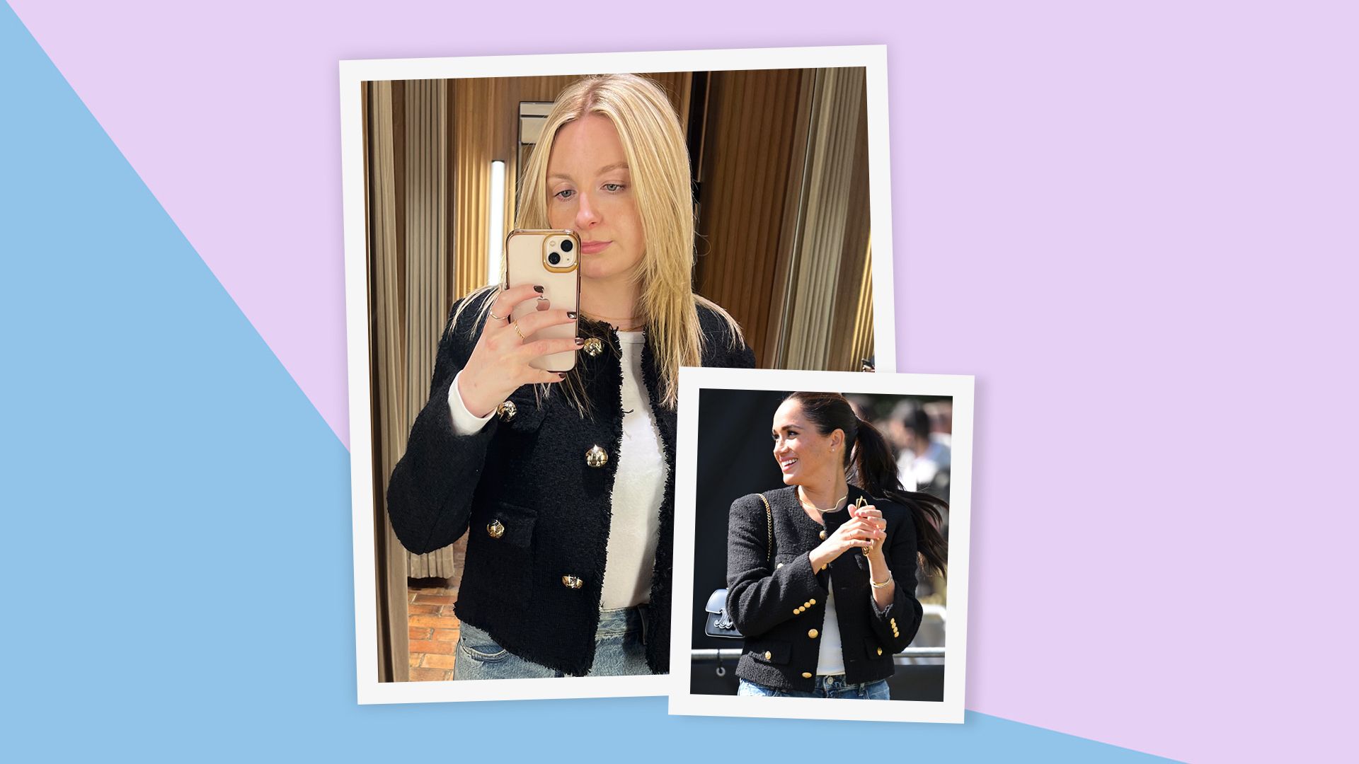 collage personal pic and meghan markle boucle jacket 