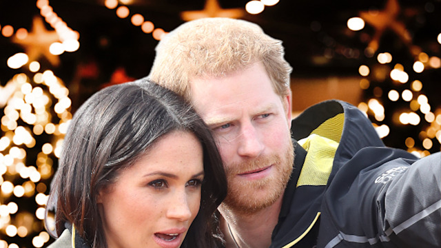 harry and meghan with christmas backdrop