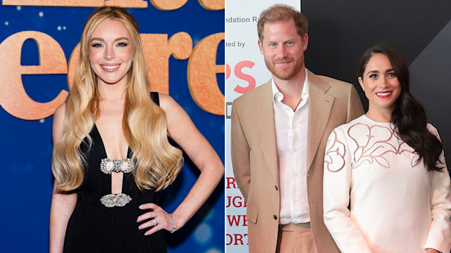 Split image of Lindsay Lohan and Prince Harry and Meghan Markle