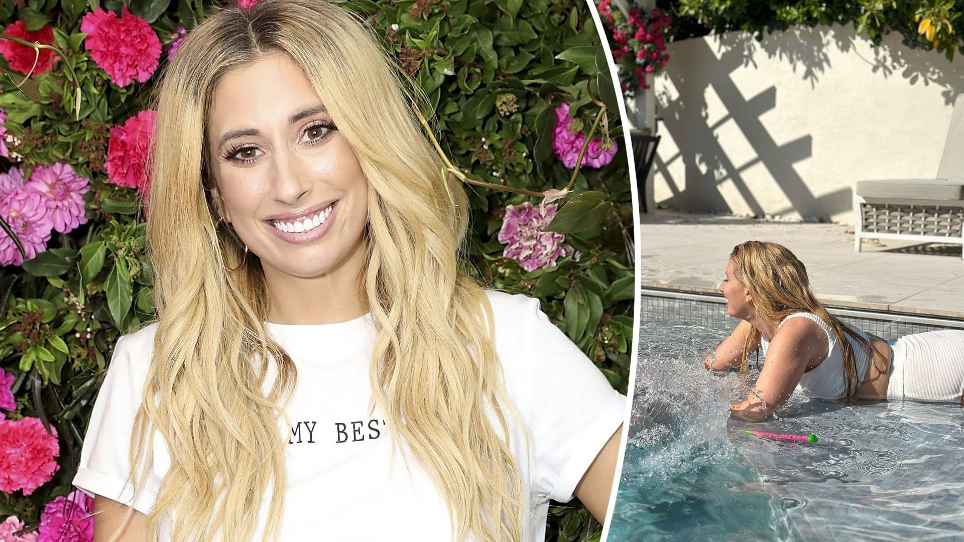 Stacey Solomon playing in the pool with her son