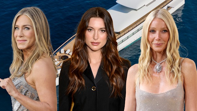 creative image showing Eve Jobs, Gwyneth Paltrow and Jennifer Aniston with yacht in the background
