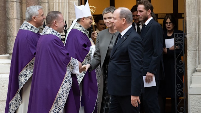 Princess Charlene and Prince Albert attend mass in memory of Prince Rainier III