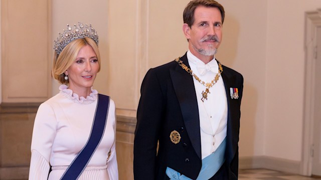 Crown Princess Marie Chantal of Greece in pink dress with Crown Prince Pavlos of Greece 