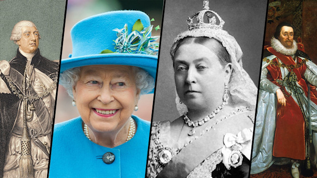 Split image featuring George III, Queen Elizabeth II, Queen Victoria and King James I