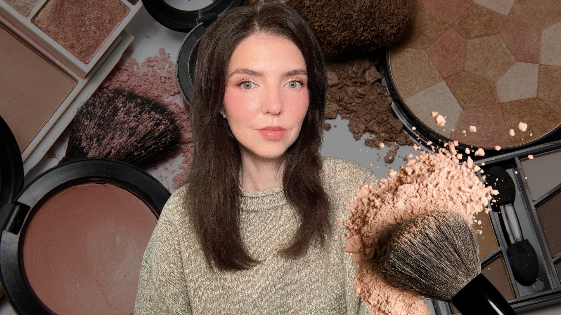 makeup collage in the background with a girl sitting in the middle 