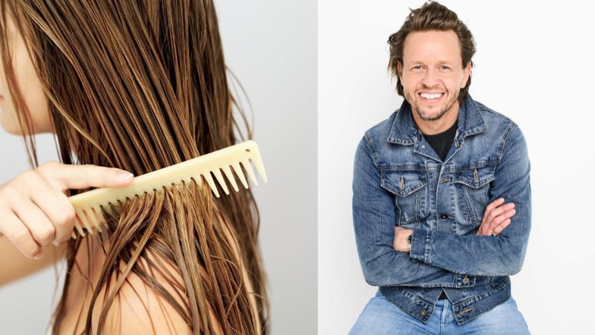 split screen of michael douglas and a woman having her hair combed