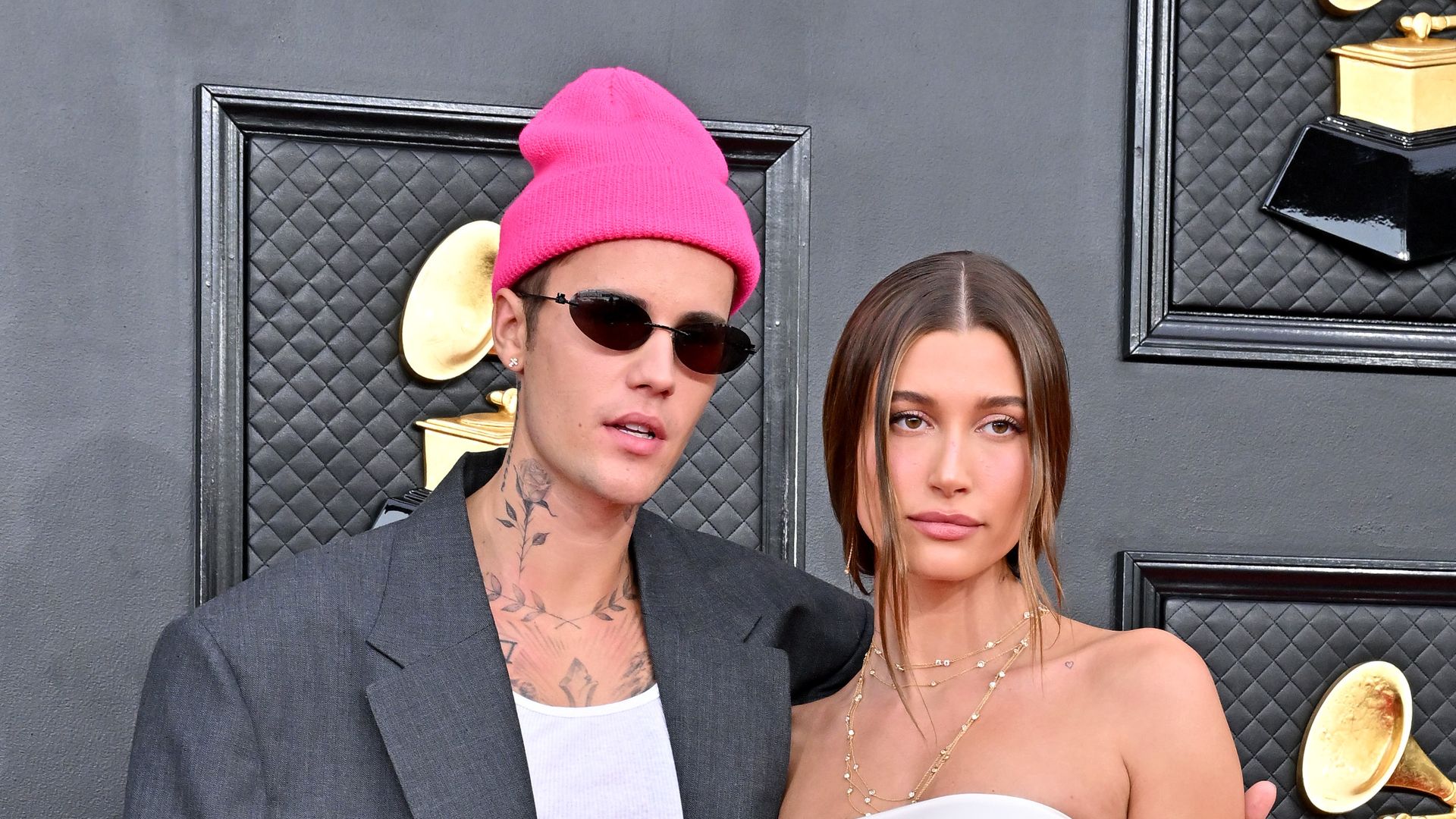 Justin Bieber and Hailey Bieber attend the 64th Annual GRAMMY Awards at MGM Grand Garden Arena on April 03, 2022 in Las Vegas, Nevada.