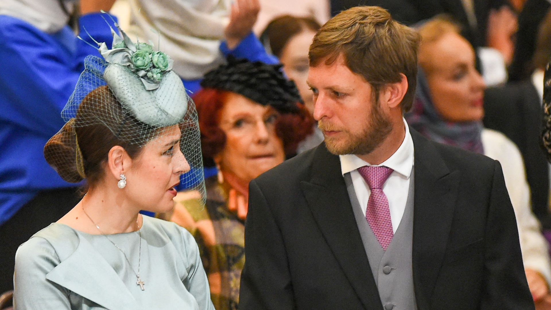 The Crown Prince Leka and Crown Princess Elia of Albania attend the wedding ceremony of Grand Duke George Mikhailovich Romanov and Victoria Romanovna Bettarini in 2021