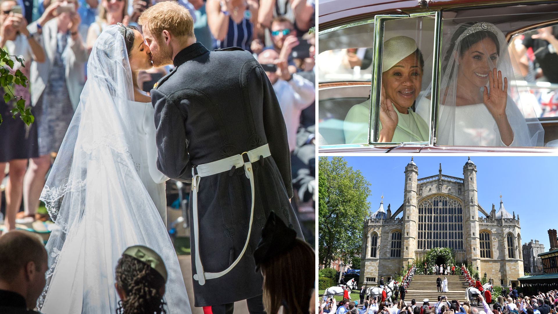 Meghan Markle kissing Prince Harry, in the car with her mother Doria Ragland and exiting her ceremony at St George's Chapel