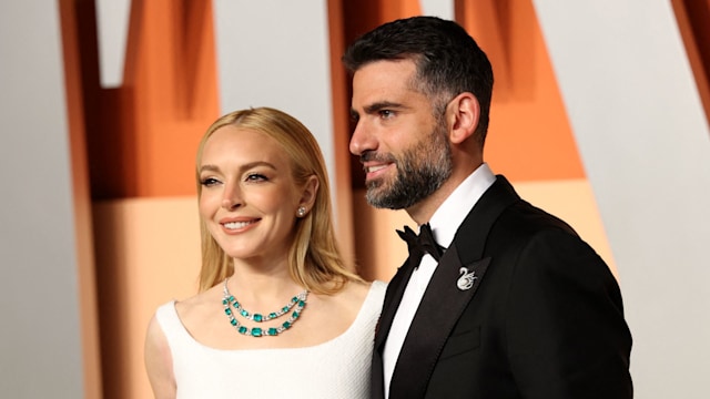 Lindsay Lohan and her husband Bader Shammas attend the Vanity Fair Oscar Party at the Wallis Annenberg Center for the Performing Arts in Beverly Hills, California, on March 2, 2025